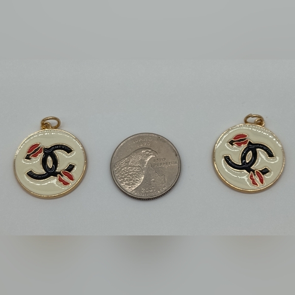 CHANEL CC Logo Lips White Enamel Medallion Charm Pair Gold Tone Red Accent - Picture 2 of 3